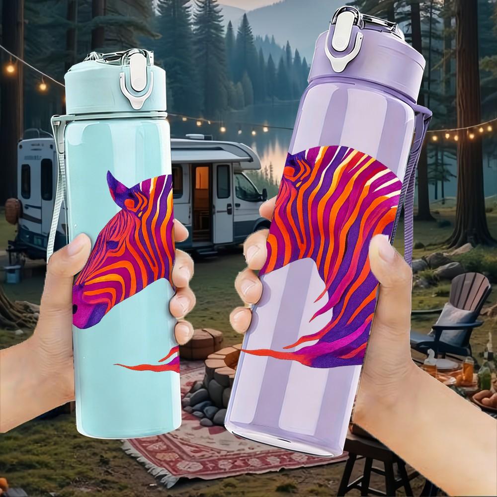 1PC Rainbow Zebra Horse Head Art 750ml Color Plastic Sports Water Bottle Leakproof Flip Straw Lid Suitable for Sports Office Home Use