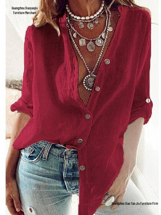 2026 Autumn European & American Solid V-Neck Loose Cotton Long Sleeve Women's Top