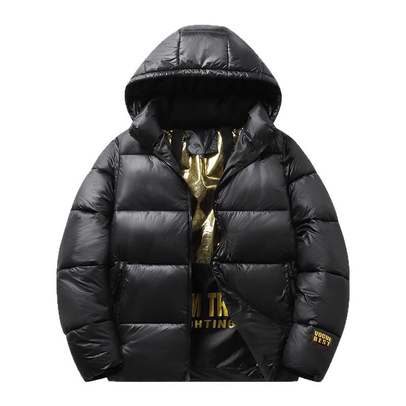 Men's High-End Black and Gold Cotton Hooded Winter Jacket – Warm, Thick, Windproof, Cold-Resistant Outerwear