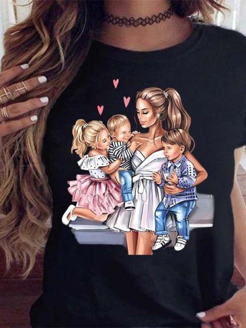 Women T Shirt Cartoon Mom Daughter Son Print Lady Tshirts Short Sleeve Tops Womens Kawaii Graphic Female Tshirt Clothe
