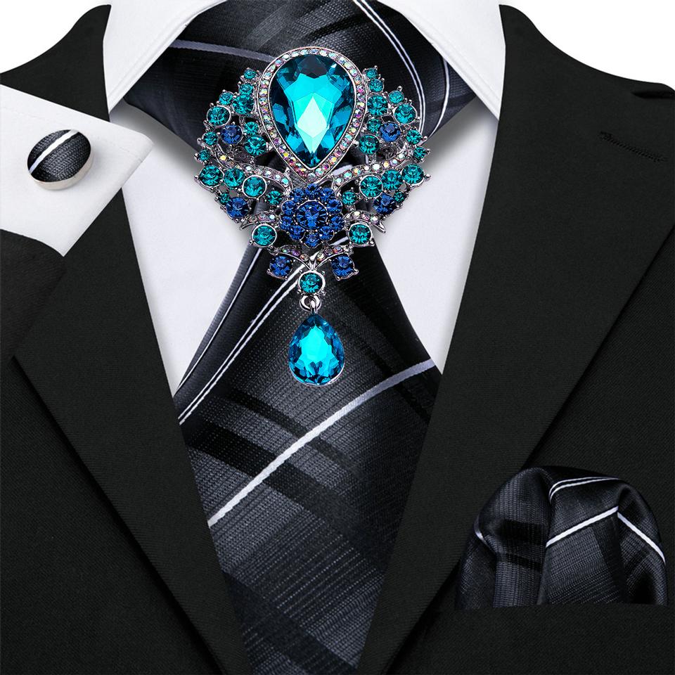 

Мужской модный черный галстук с брошью, формальный шелковый галстук, набор запонок, носовой платок N-5005