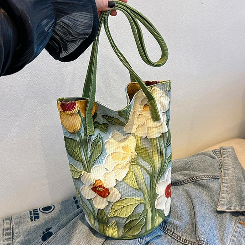 Floral Pattern Canvas Bucket Bag Women'S Shoulder Bag Casual Large Capacity Handbag