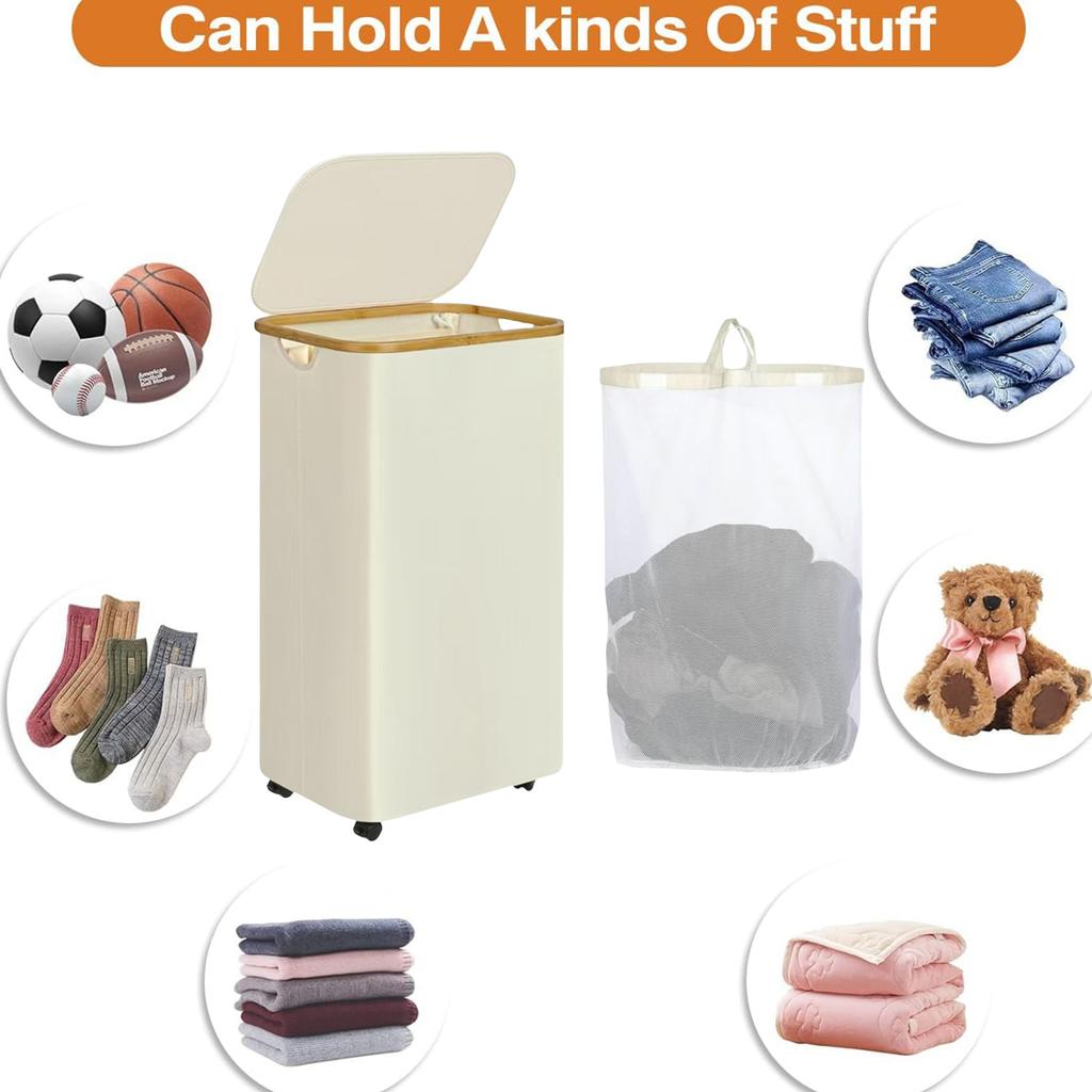 100L Slim Laundry Hamper with Lid Dirty Clothes Basket with Removable and Washable Inner Bag Foldable for Bathroom Bedroom Dorm
