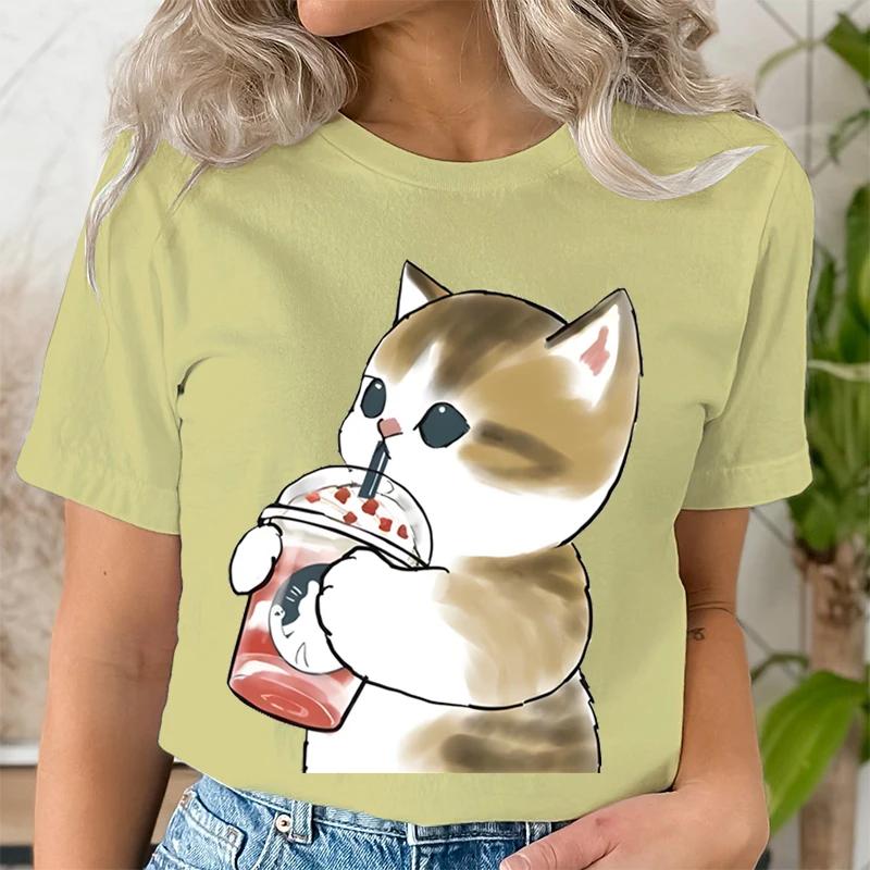 Women Boba Tea Cat Print Casual Clothes Tee Tshirt Fashion Female Tops Mujer Camisetas Ladies Anime Cartoon Graphic TShirt Tops
