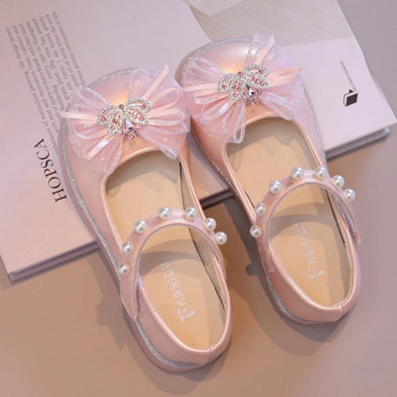 Spring Autumn Girls' Shoes Sweet Kids Leather Shoe Crown Bowknot Children Princess Fashion Flats Shoes for Dance Party Versatile