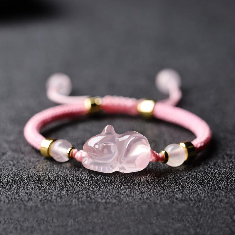 Pink Crystal Zodiac Bracelet: Rose Quartz, Red String Weave, Pig, Ox, Rat, Rabbit Charm - Perfect Gift for Girlfriend or Bestie