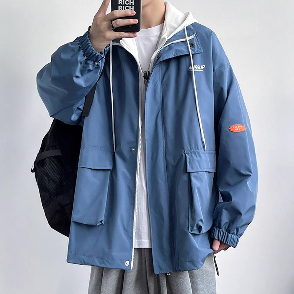 

2025 autumn and winter youth fake two casual coats men s Hong Kong style tooling hooded jacket men s new gown 3XL синий