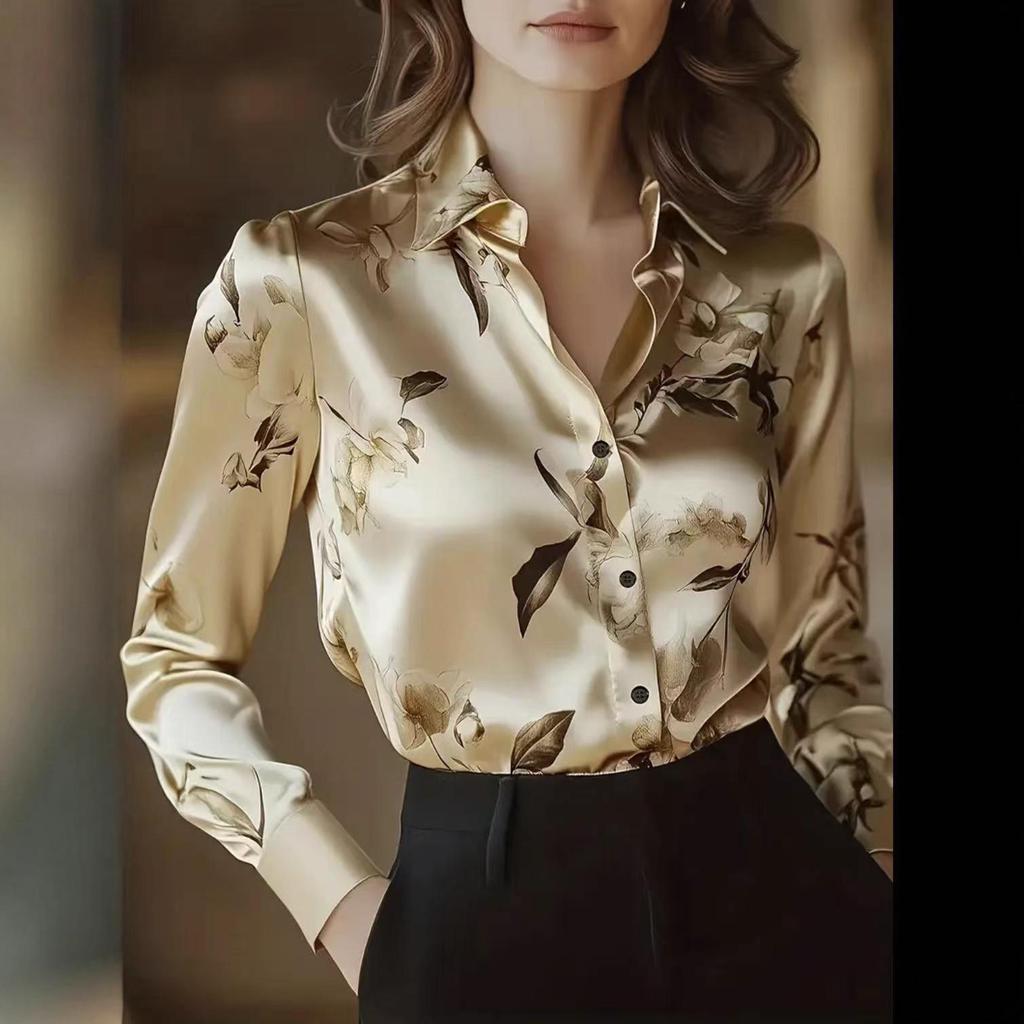 Elegant Retro French Oil Painting Long Sleeve Women's Shirt, 2025 European and American Design