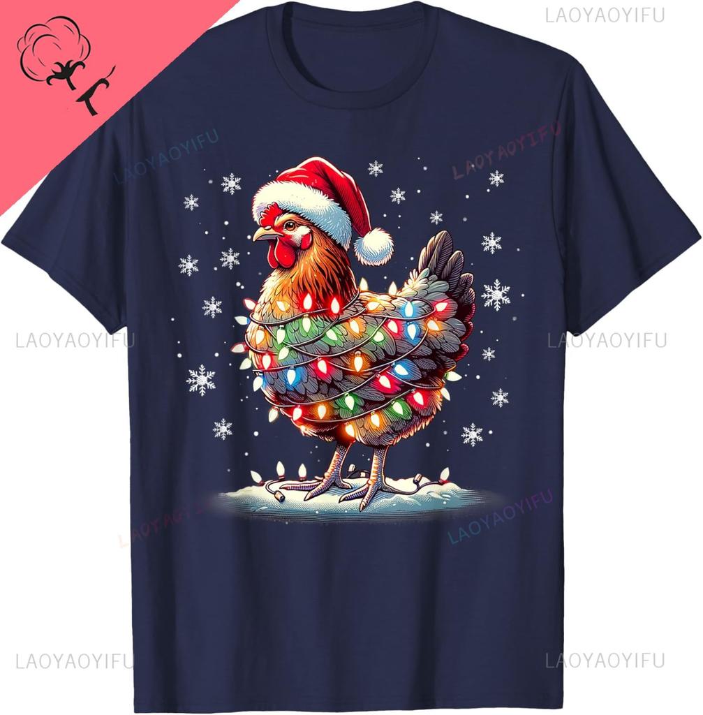 Chicken Santa Christmas Light Funny Xmas Chicken Pajamas TShirt Unisex Summer Streetwear Tops Cotton Ropa Hombre