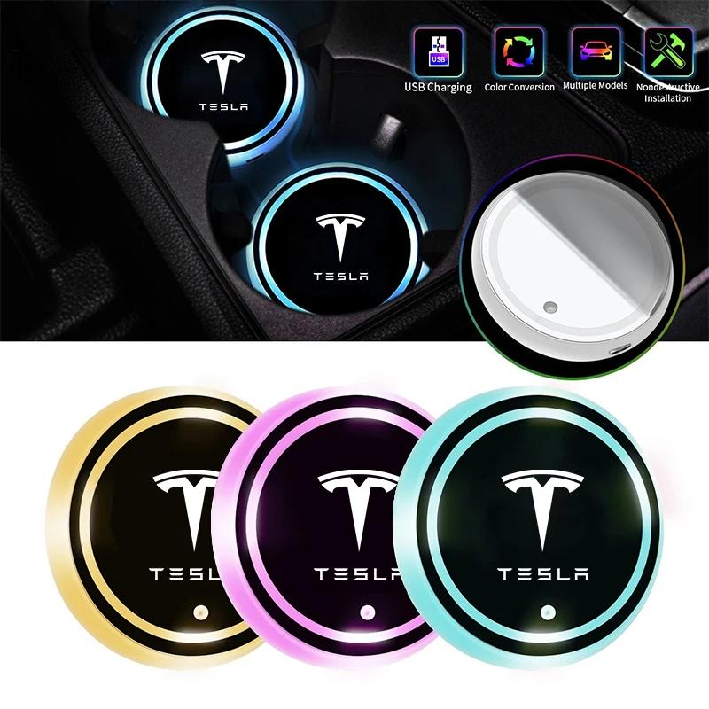 

Car Sticker 2025 Hot LED Light USB Rechargeable Car 7 Color-Changing Coasters Water Cup Holder Pads For Tesla Model 3 Model S Mo