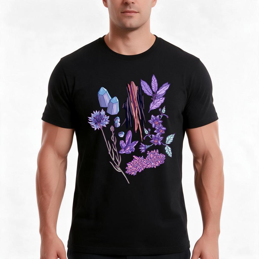 Purple Flowers And Jewels Tshirt Summer Casual Cotton Tee Oversized Streetwear Tops Vintage Graphic Print Unisex Unisex Unisex