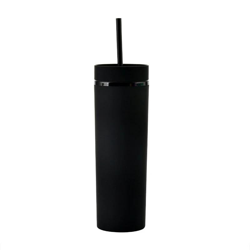 Double Wall Skinny Tumbler Plastic Forsted Water Bottle 16oz Straight Cup ulated Tumbler Coffee Mug with Straw Drinkware 16oz чёрный