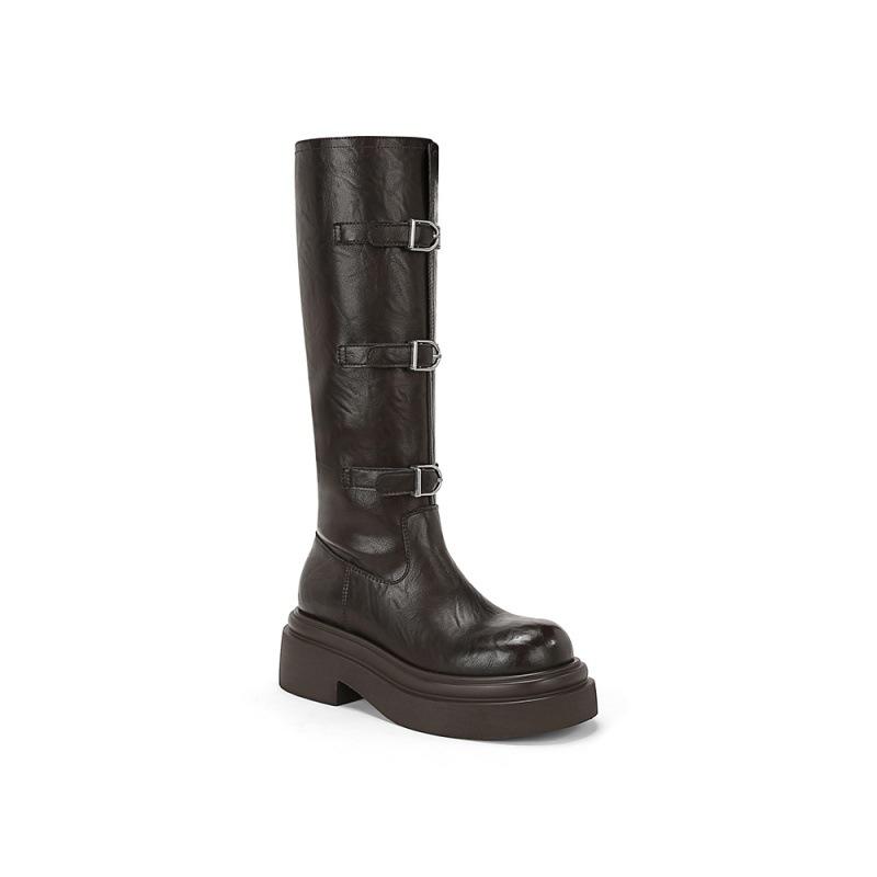 2025 autumn and winter new European and American style but knee niche belt buckle knight boots women's thick-soled round head thin boots