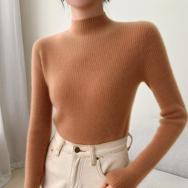 Women's Angora Red Slim-Fit Cashmere Sweater: New Autumn/Winter Style, Thickened Half-High Collar.