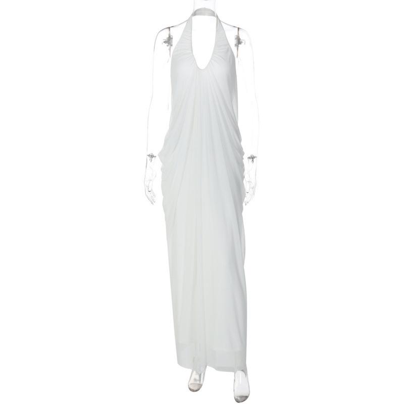 

European and American women s clothing autumn new sexy loose backless sleeveless V-neck pleated long neck mesh dress S белый