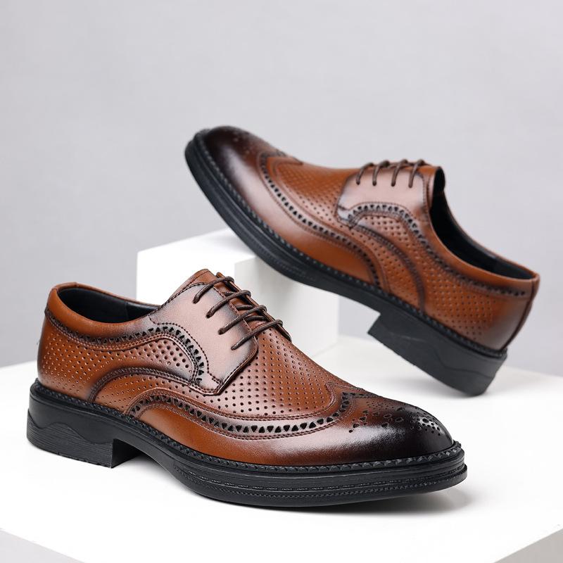 

Leather shoes men s 2025 summer hollow dress shoes casual British men s Brock wedding shoes 2025 38