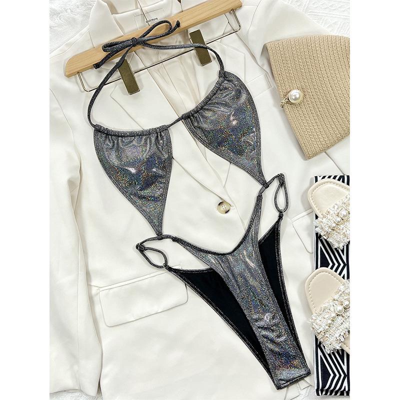 Europäischer & Amerikanischer Bestseller Damen Sexy Glänzend Einfarbig Neckholder Bikini Badeanzug