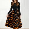Halloween Print Flare Dress For Women Long Sleeve Dress Hollow Party Casual Round Neck Dresses
