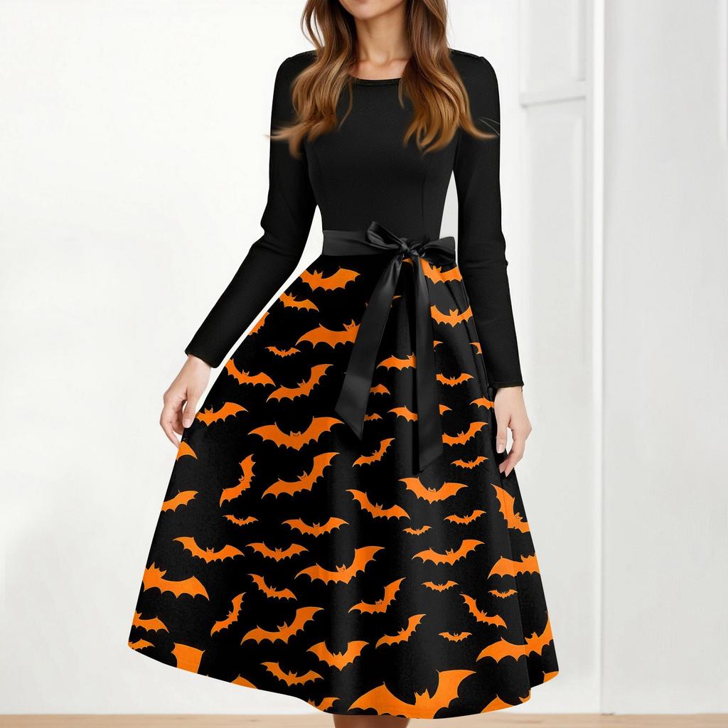 Halloween Print Flare Dress For Women Long Sleeve Dress Hollow Party Casual Round Neck Dresses