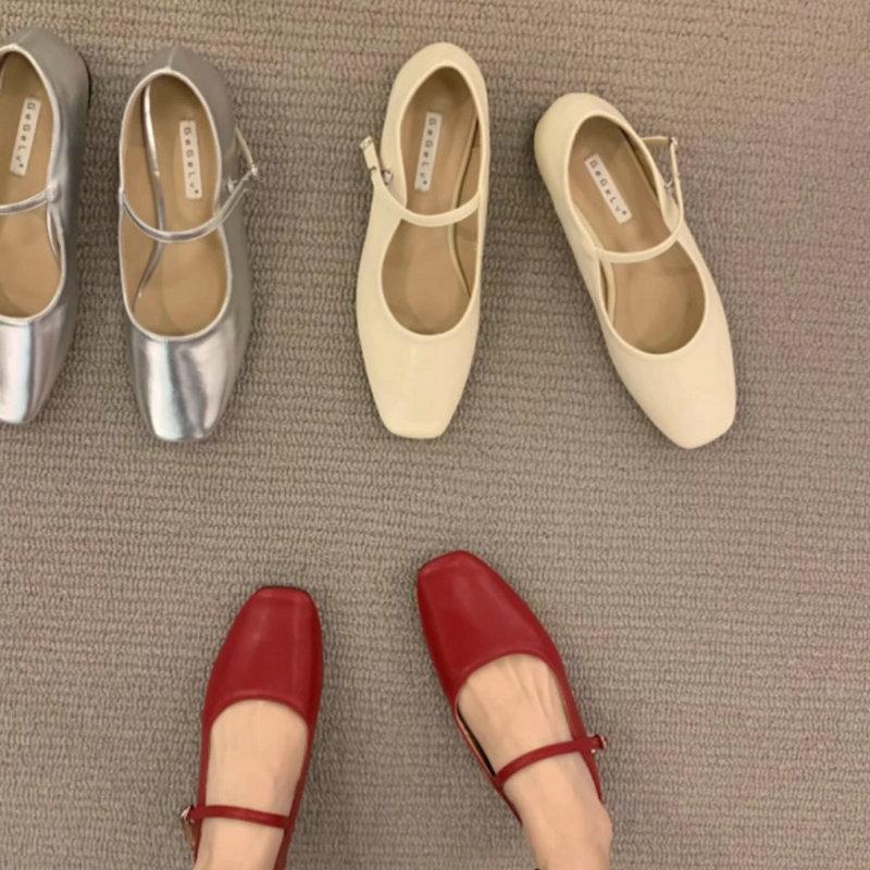 Fashion Flat Shoes for Women 2025 Spring and Autumn French Square Toe Silver Mary Jane Plus Size Women's Shoes Zapatos Mujer ladies