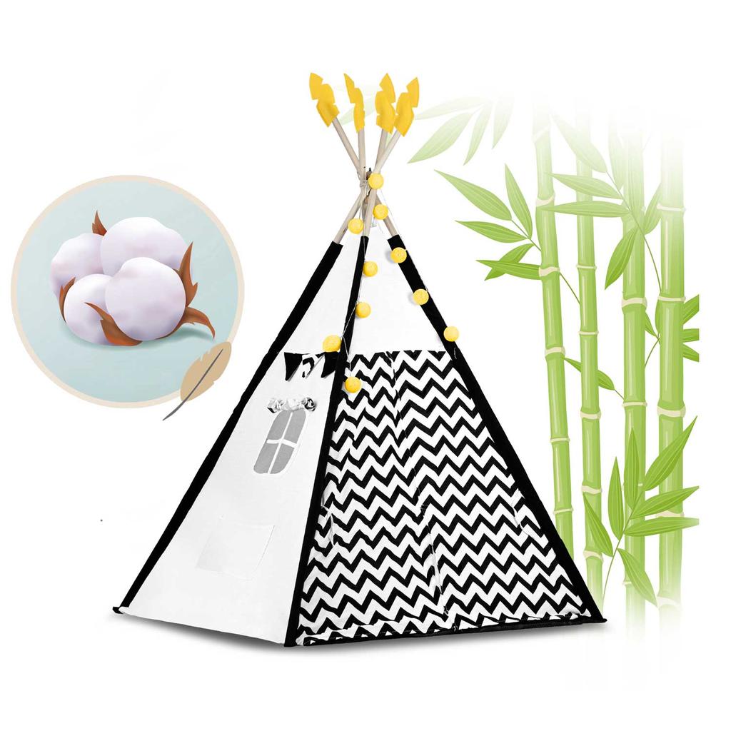 Tenda Tipi Nukido Para Crianças Com Guirlanda e Luzes Em Preto e Branco Com Um Panda