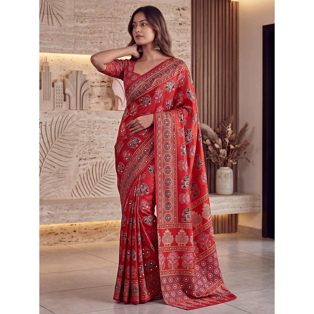 Premium Crap Silk Digital Ajrak Print Saree