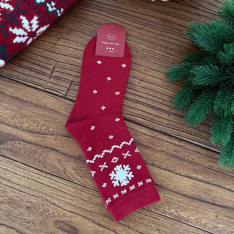 Womens Winter Warm Thick Cotton Blend Mid-Calf Socks With Retro Snowflake Cable Knit Red Pom-Pom Design Lunar New Celebration One Size