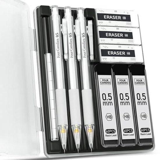Four Candies Sharp Pencil Set Clear Case 0.5mm 3 Pieces HB Lead Refill 180 Eraser White Frost Students Drafting Writing