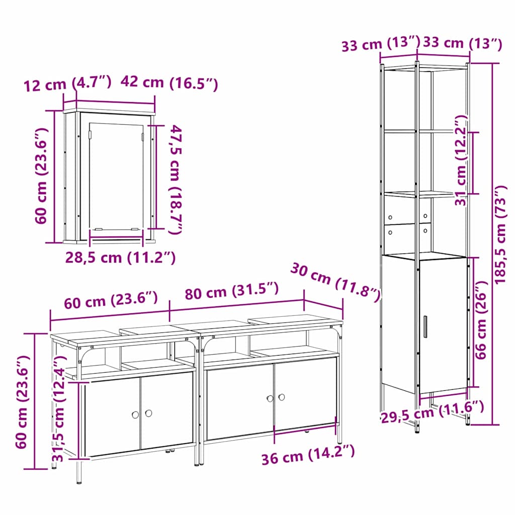 Bathroom Furniture Set 4 Pcs Black Oak Effect Wood Based Material