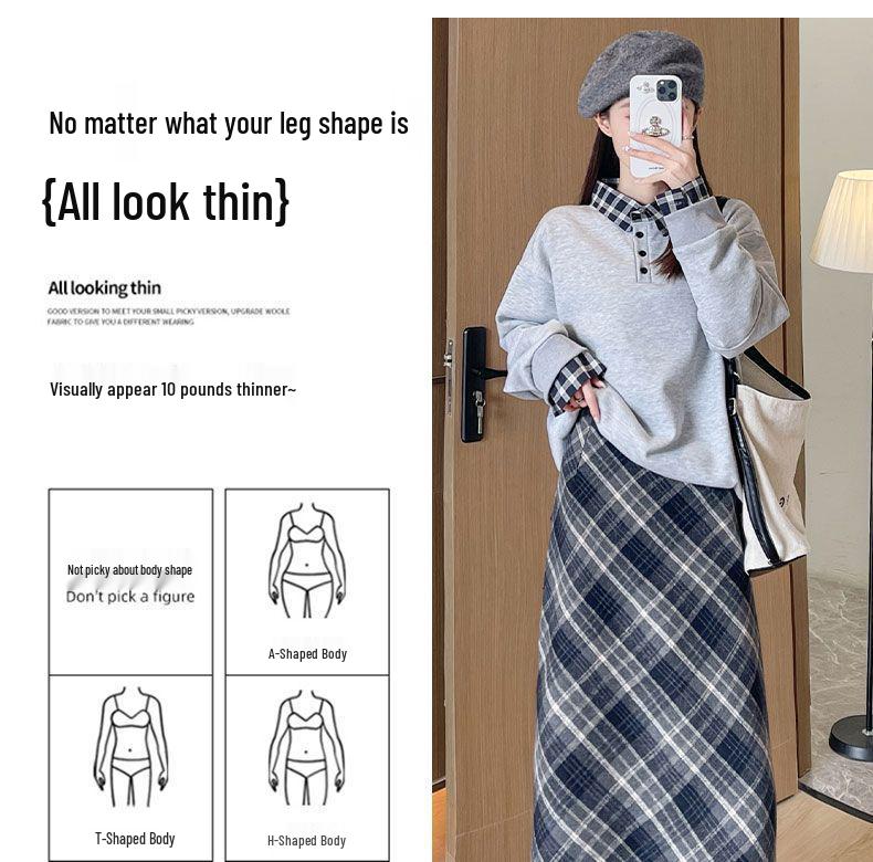 Women's Retro Wool Plaid Midi Skirt: Elastic High-Waist, Slimming A-Line with Slit, Ideal for Autumn/Winter.