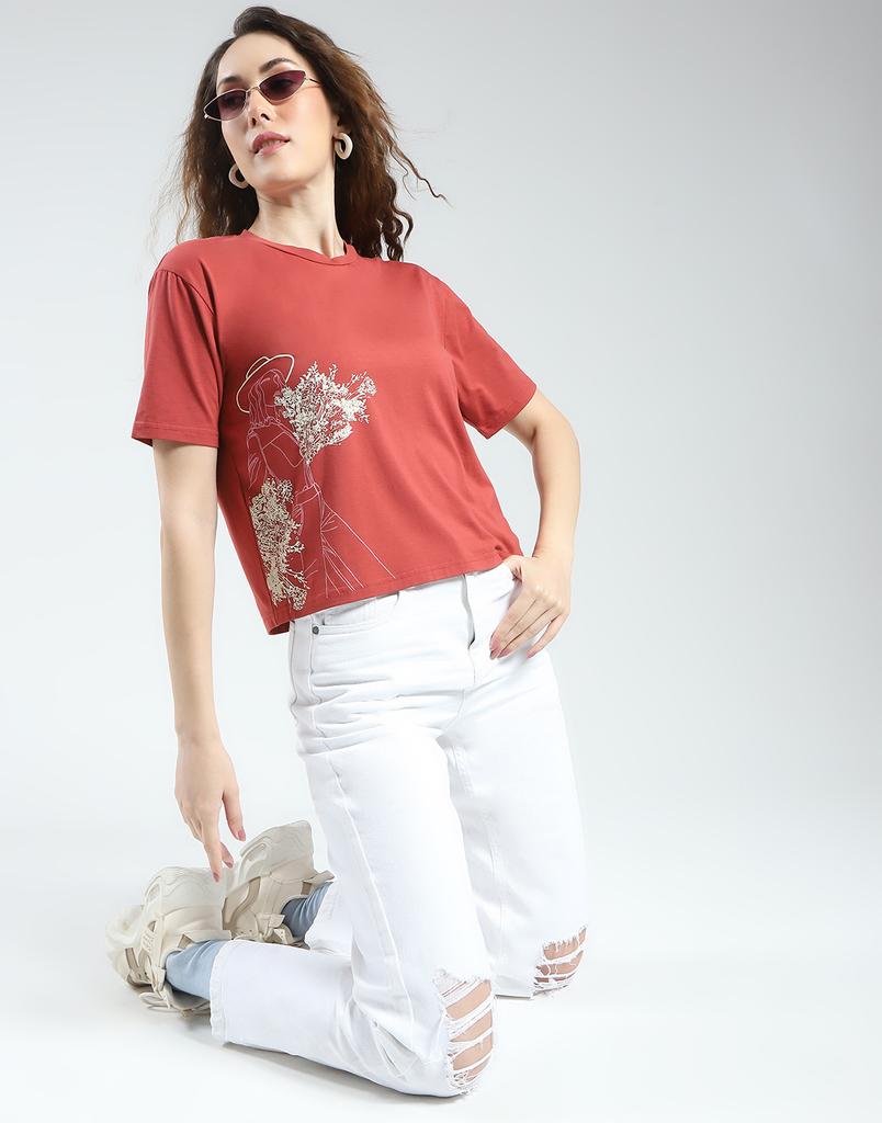 MONTE CARLO Women's Regular Fit Printed Half Sleeve Round Neck Top