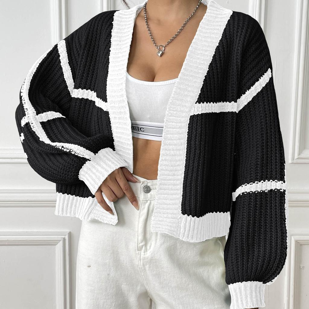 Women's Cardigan Autumn And Winter Jacket Collision Splicing Short Section Casual Loose Woven Jumper