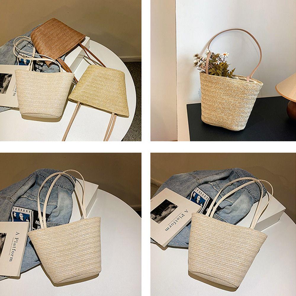 Large Capacity Straw Bucket Bag Solid Color Shoulder Bag Fashion Summer Beach Tote  Girls