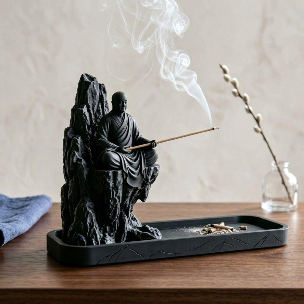 3D Printed Meditating Monk Incense Burner Mountain Cliff Mountain Incense Stand Study Decor