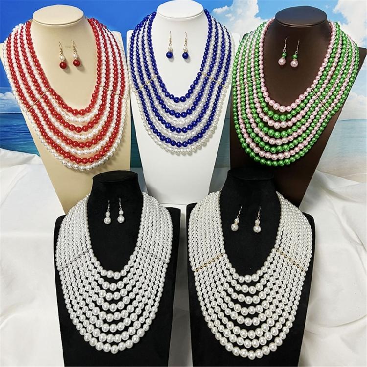 Versatile Multi Strand Simulated Pearls Necklace Earrings Set Vintage Inspired Design Clavicle Chain For Fashionistas