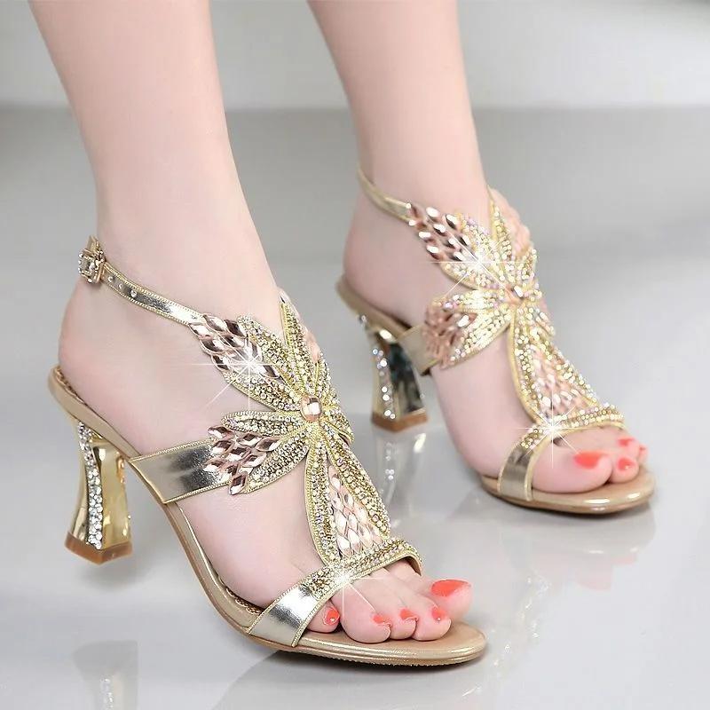 fashion Women Genuine Leather Fashion Sandals Pumps Summer Rhinestone High Heel Wedding Party Shoes Crystal Open-toe Sandals