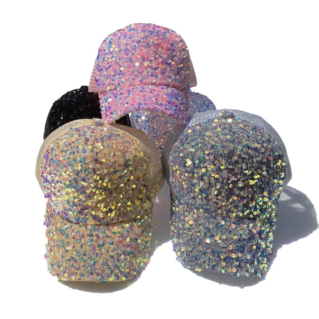 Fashion Ladies Full Sequin Decor Trucker Cap, Shiny Mesh Back Peaked Hat, Adjustable Sun Protection Baseball Hat for Outdoor Vacation
