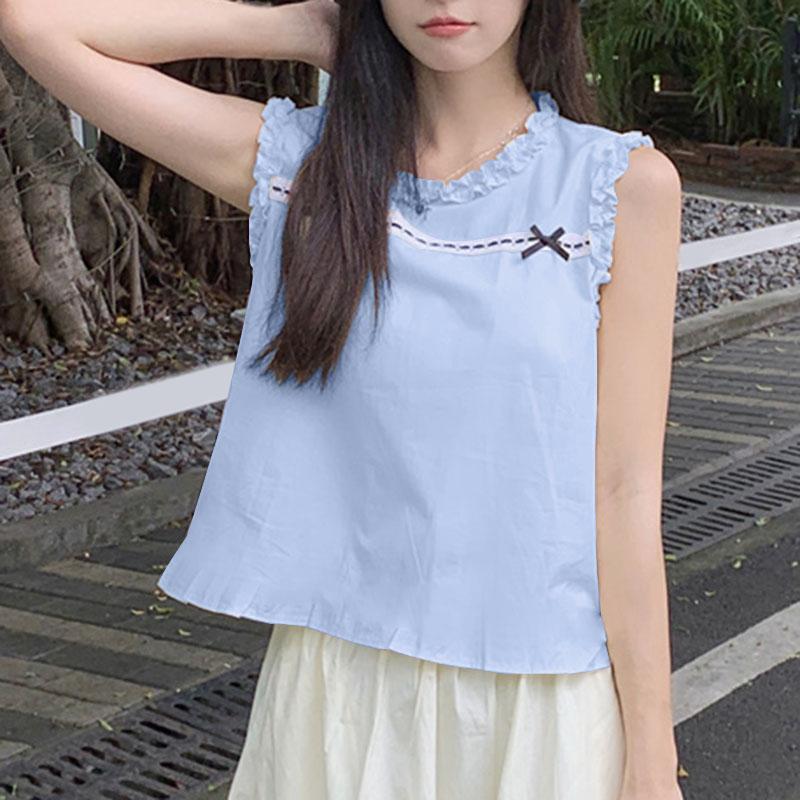 

VONDA Женские повседневные кружевные свободные майки без рукавов с круглым вырезом и рюшами L синий