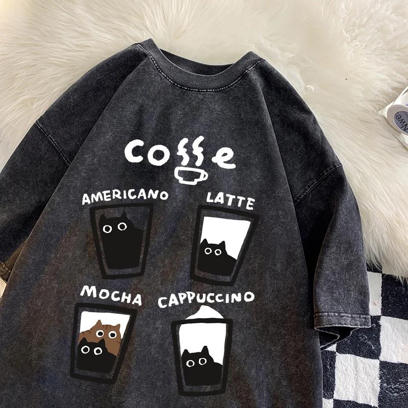 Vintage Washed Black Cat Coffee Print T-shirt Casual Loose Short Sleeve Streetwear Aesthetic Unisex Tops