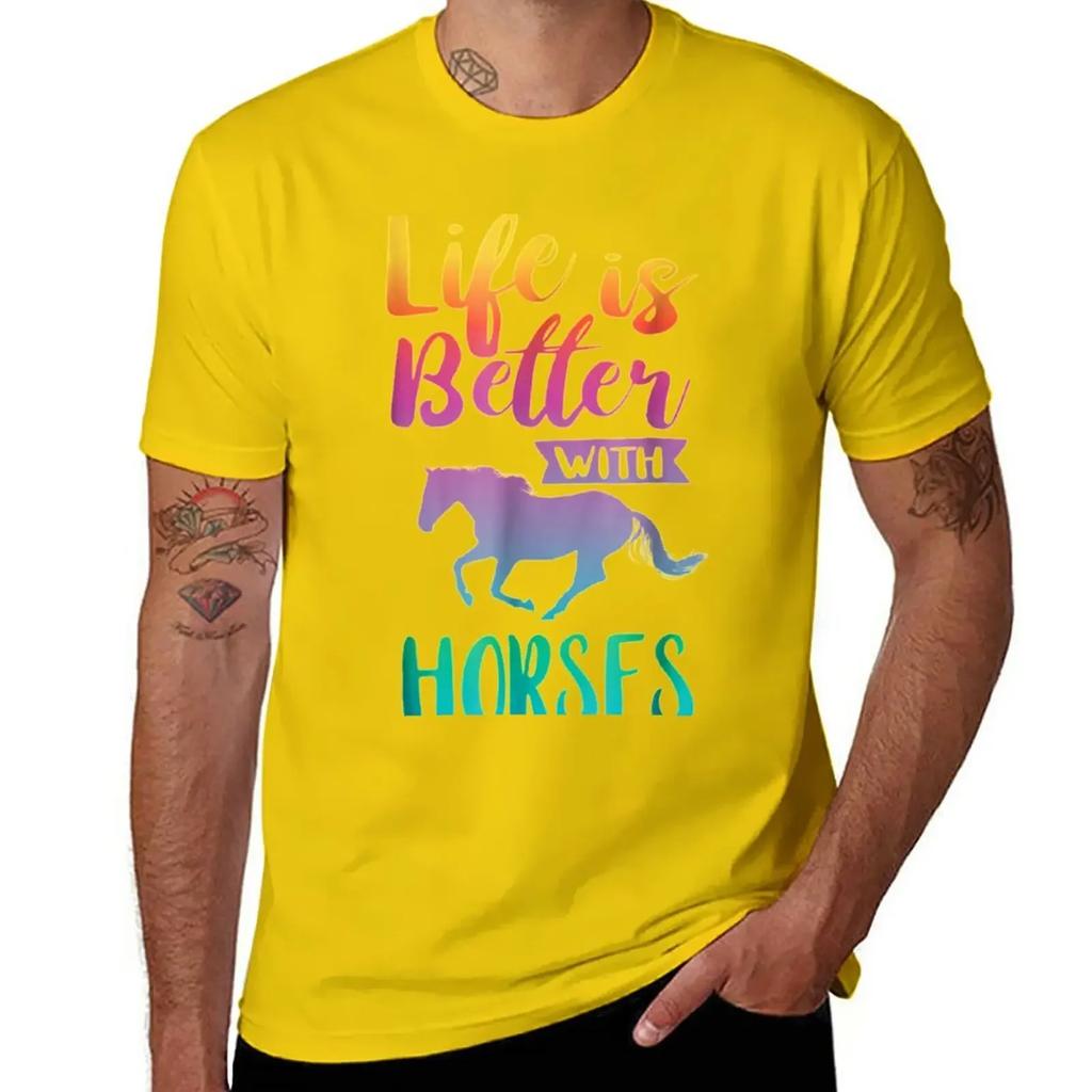 Cute Life Is Better With Horses Horseback Riding T-Shirt for a Boy Summer Top Men Graphic T Shirts