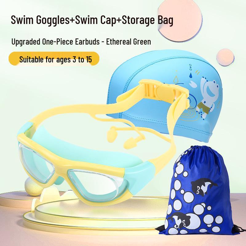 Children's Large Frame Anti-Fog Swim Goggles and Cap Set - Waterproof, HD, for Boys and Girls