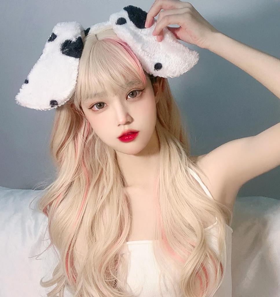 RyuuCos Lolita Wig Long Hair Curly Bangs Gold Pink Wig Cosplay Milk Gold Pink Highlights Natural Harajuku Cosplay Heat Resistant Disguise Costume Gift