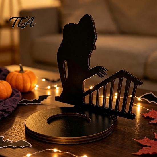 Festive Tabletop Atmosphere Light Halloween Shadow Candle Holder, Spooky Ghost Skull Candlestick Decoration, Stable Wooden Tealight Holder Vintage Tea