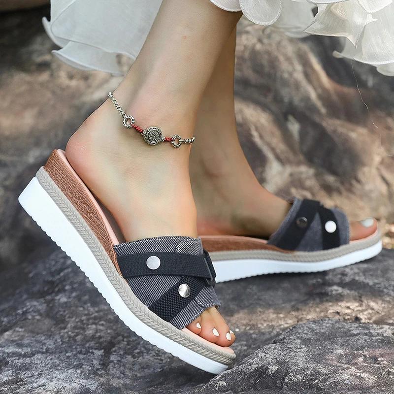 Fashion Fashion Wedge Heels Denim Slippers Women Summer Buckle Thick Bottom Sandals Woman Plus Size 36-43 Light Platform Sandles Female