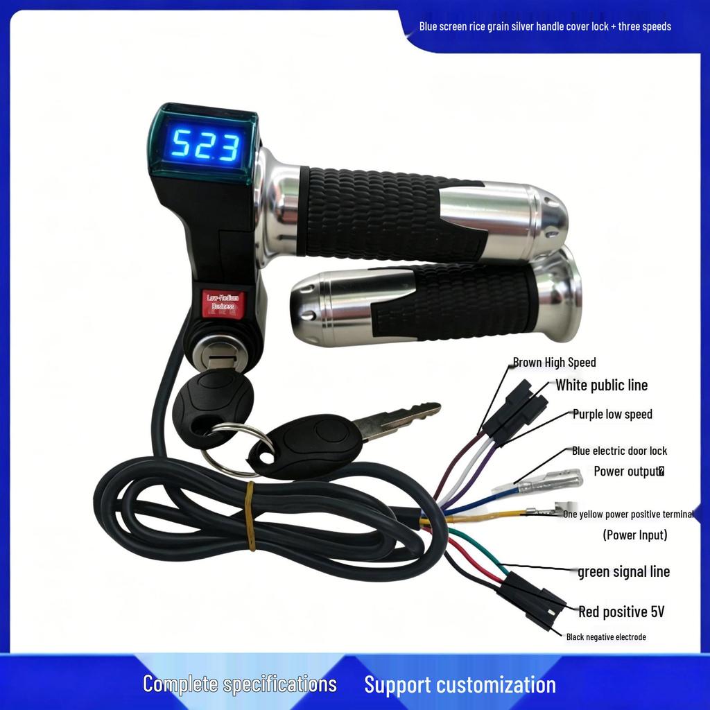 Blue Screen Throttle Grip with Rice Grain Lock & Three-Speed Voltage Display for Electric Scooters