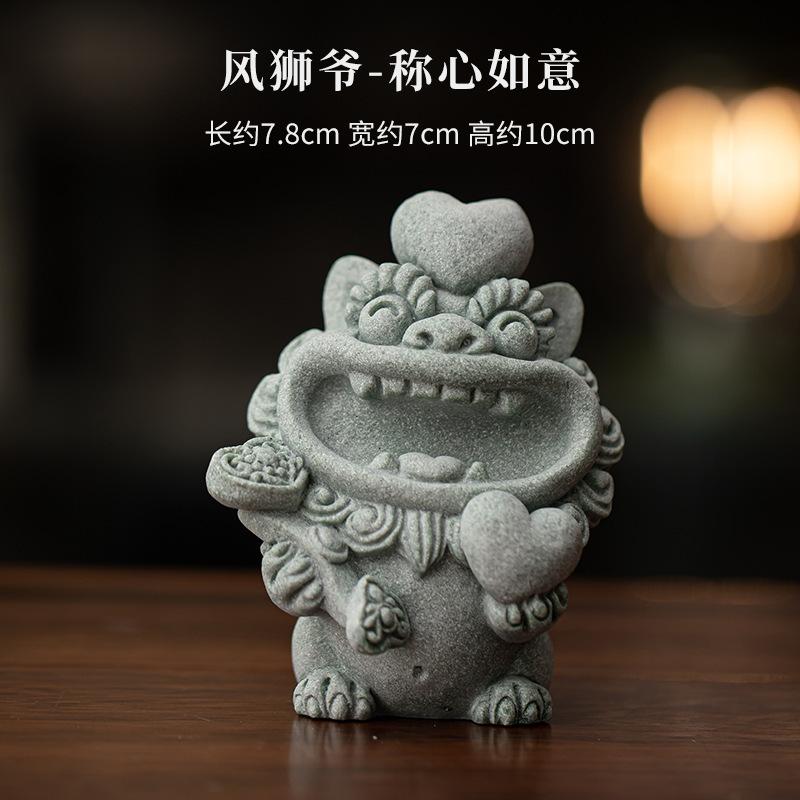 Green Sandstone Wind Lion Lord Incense Holder Tea Pet Aesthetic Fish Tank Landscaping Tea Figurine Play Toys Tea Statue Ornament