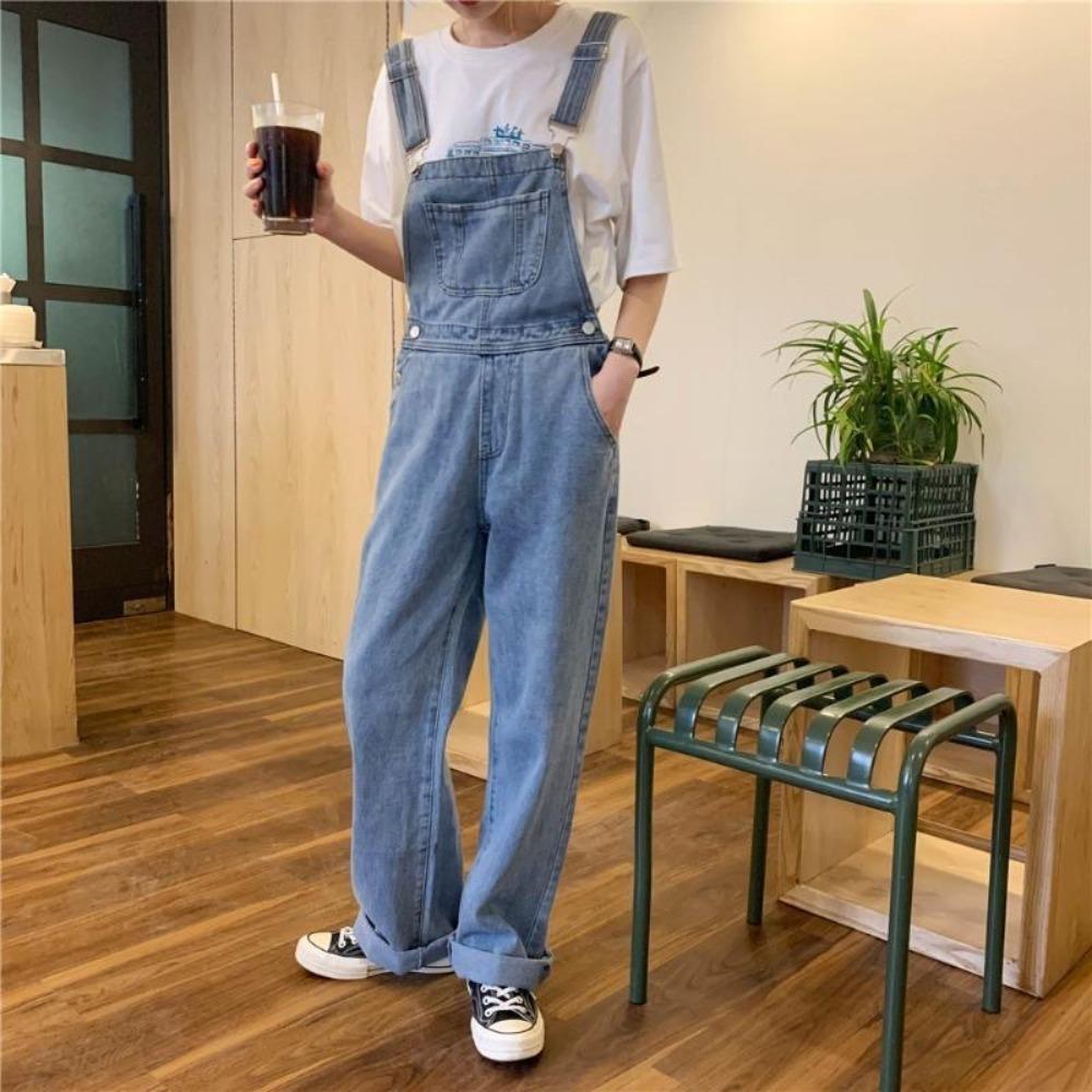 Women's Adjustable Strap Loose Wide Leg Denim Overalls Vintage No Stretch Long Bib Pants Casual Spring Summer Jumpsuit