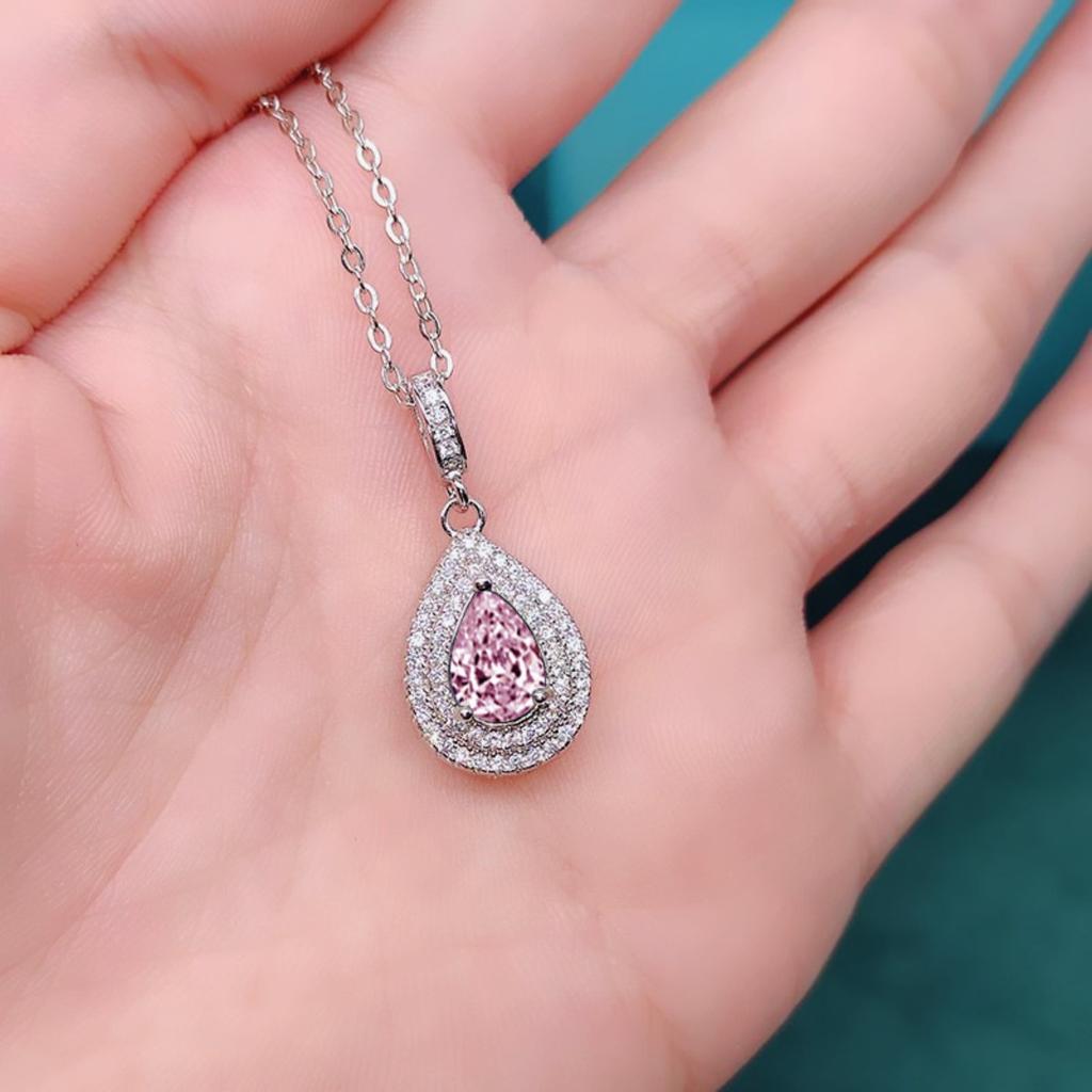 Women Pink Teardrop Pendant Necklace with Double Sparkling Halo Elegant Statement Jewelry for Special Occasions