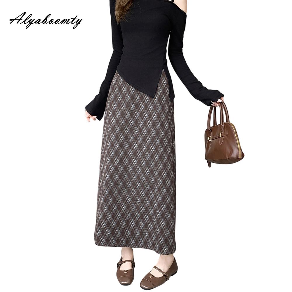 Korean Fashion Autumn Winter Women Plaid Midi Skirt High Waist Brown Navy Plaid Split Skirt Vintage Elegant Feminine Ladies' Skirts Womens