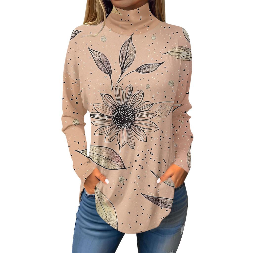 Tee Shirts For Women Fall Casual Long Sleeve Shirts Sweatshirt Vintage Printed High Neck Top Pullover